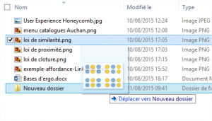 Exemple de drag&drop dans l'explorateur Windows : une miniature de l'élément déplacé suit le mouvement de la souris et une indication au niveau de la destination (highlight + label) est fournie