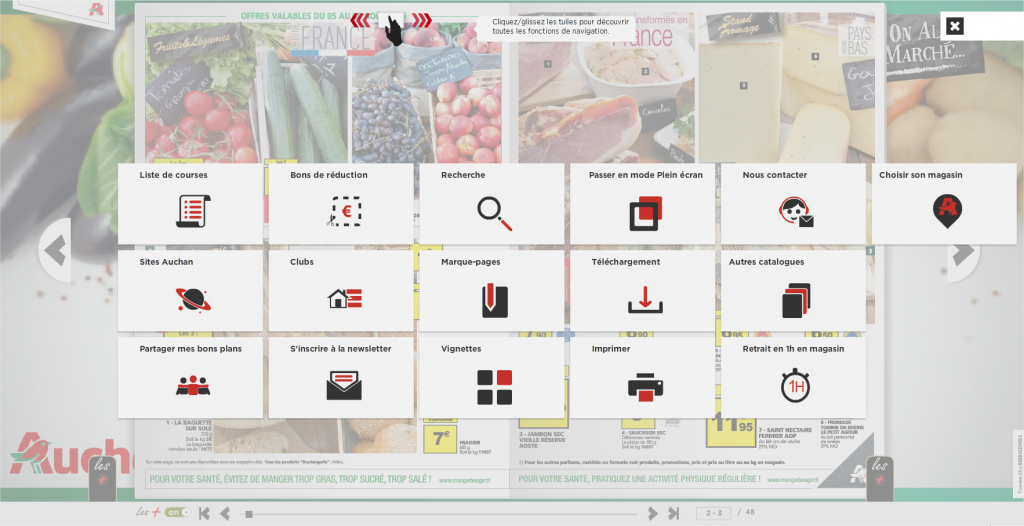 Exemple du menu des catalogues Auchan : 16 items qui ne sont jamais parcourus par les utilisateurs