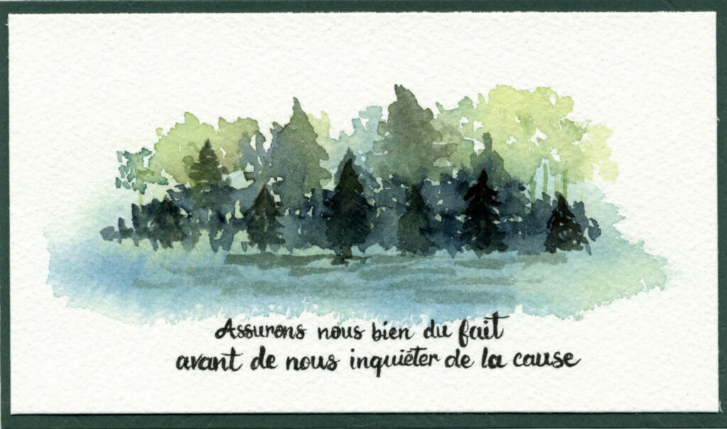 Carte aquarelle représentant une forêt, avec la citation "Assurons nous bien du fait avant de nous inquiéter de la cause"