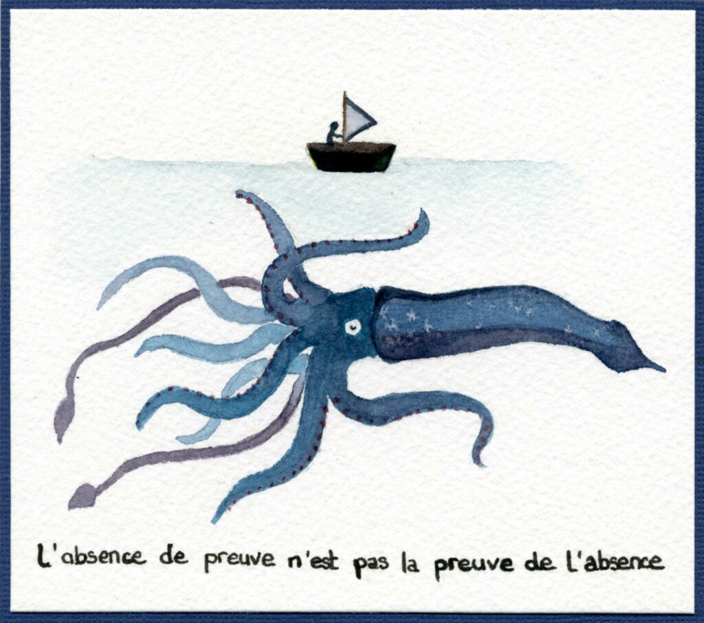 Illustration d'un poulpe géant sous l'océan, en dessous d'un petit bateau qui ne peut pas le voir