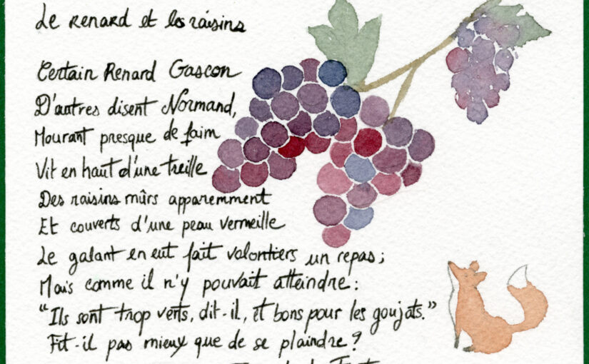 Illustration de la fable "Le renard et les raisins"
